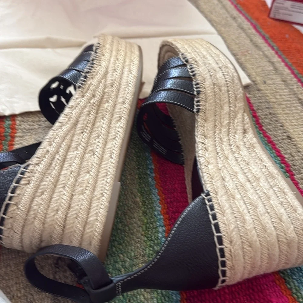 Tory Burch Black and Tan Ines Wedge Espadrille Sandals